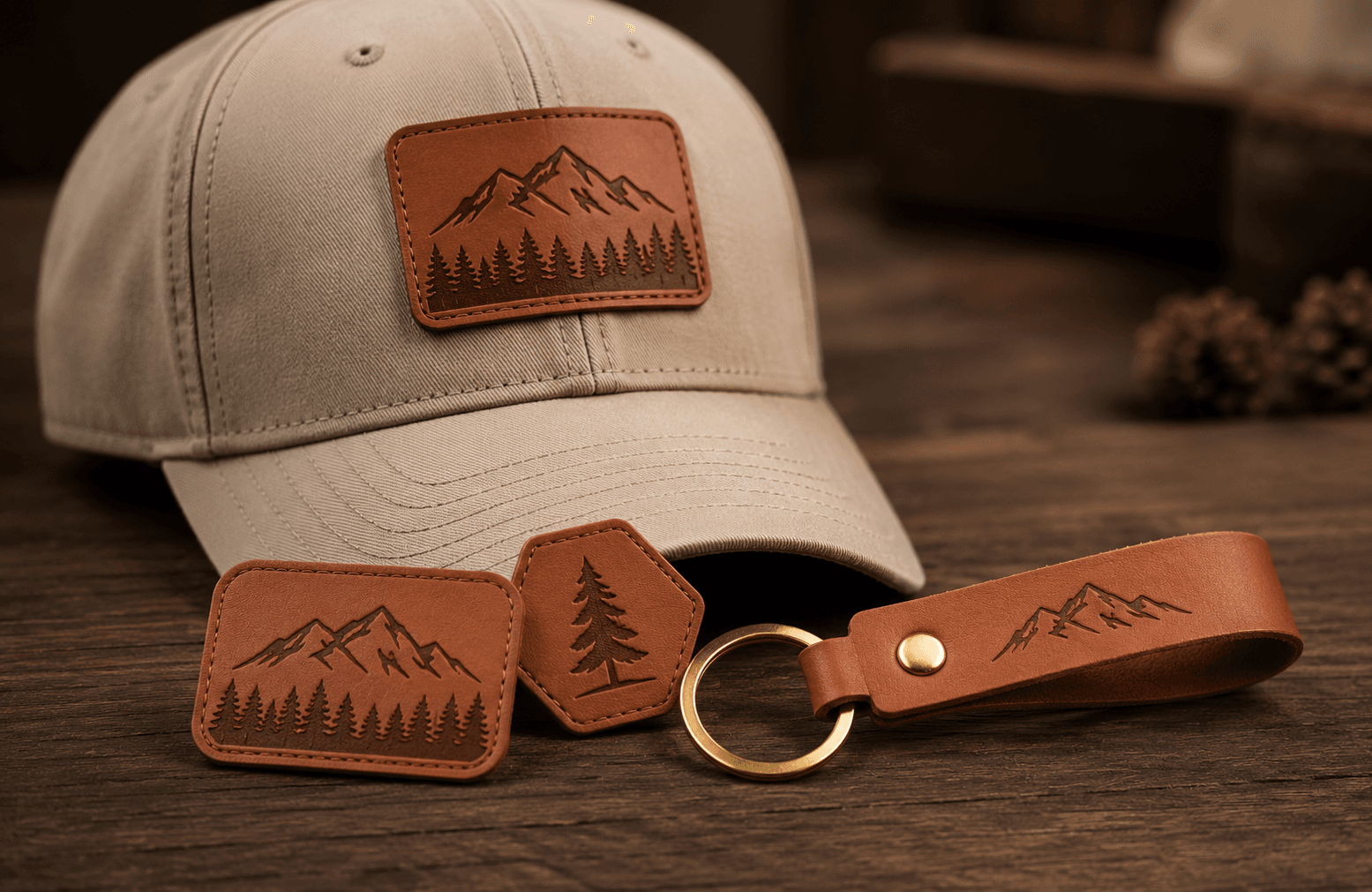 Custom laser-engraved leather patches, keychains, and cap details